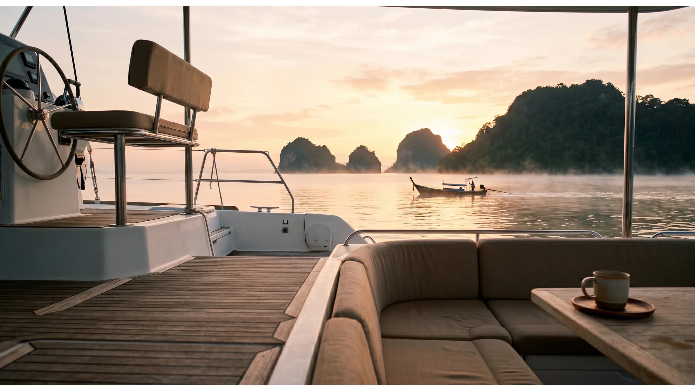 Calm morning at anchor in a Gulf of Thailand bay, deck POV