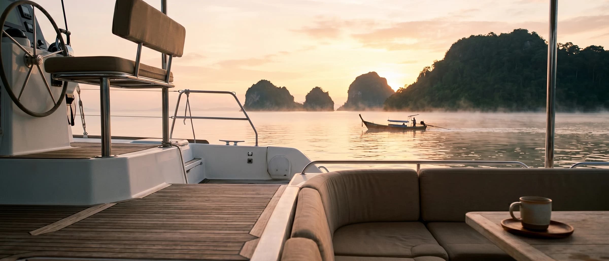 Calm morning at anchor in a Gulf of Thailand bay, deck POV