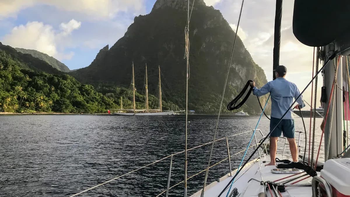 Crew on deck at anchor below the Pitons, St. Lucia