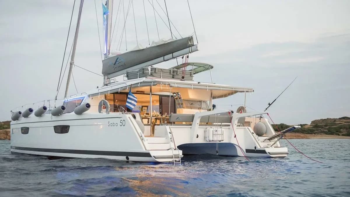 Fountaine Pajot catamaran under sail in turquoise waters