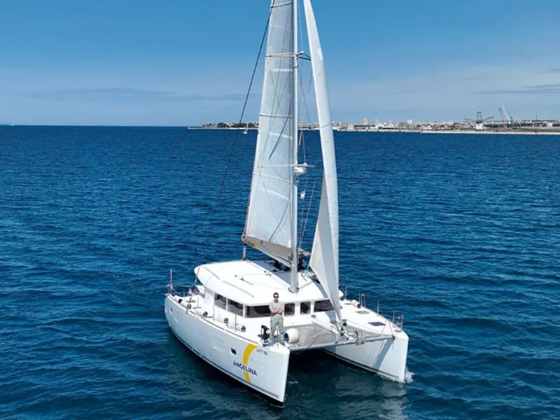 Catamaran sailing showing twin-hull stability