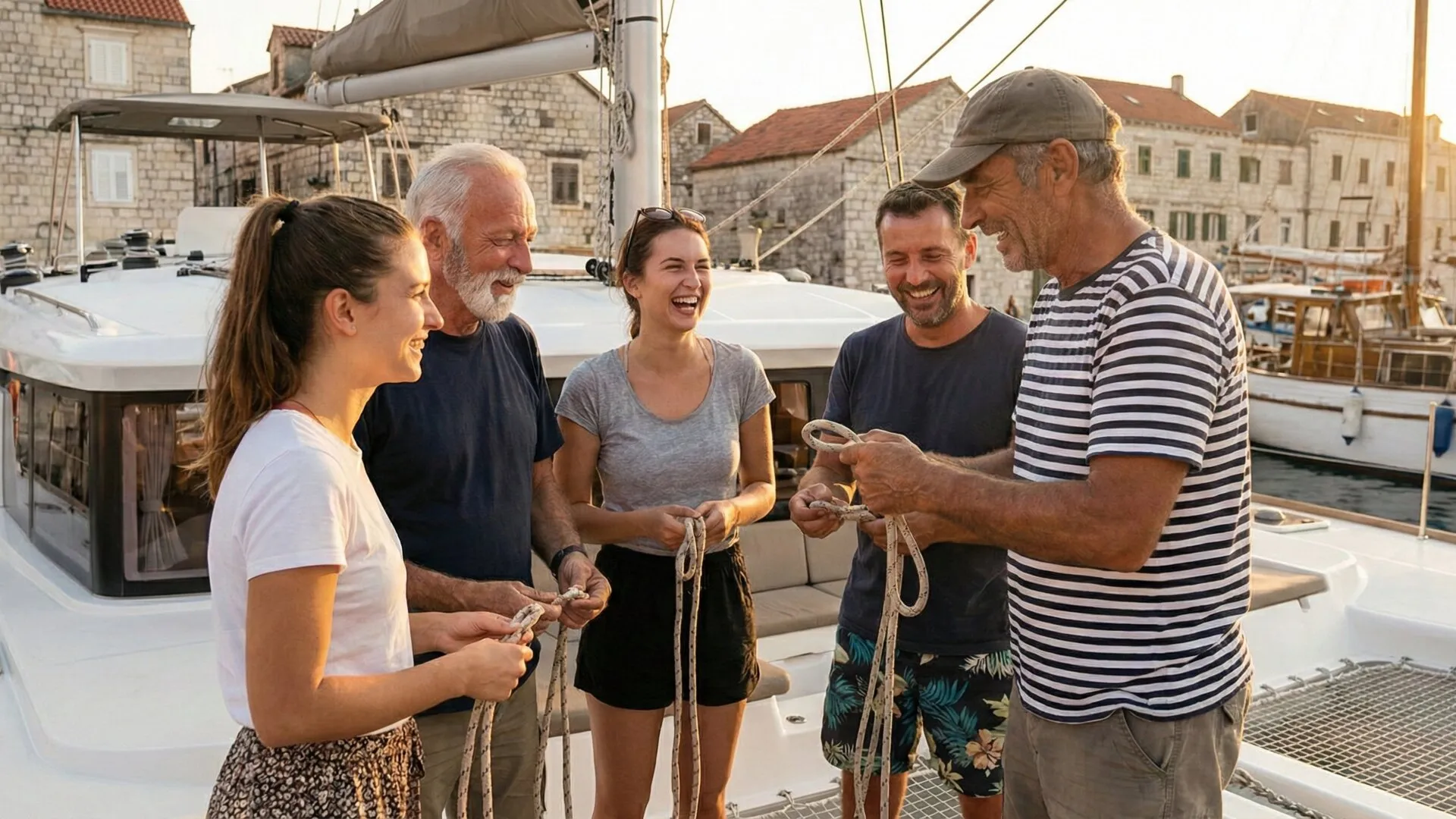 Sailing crew learning together on deck with instructor in Croatia