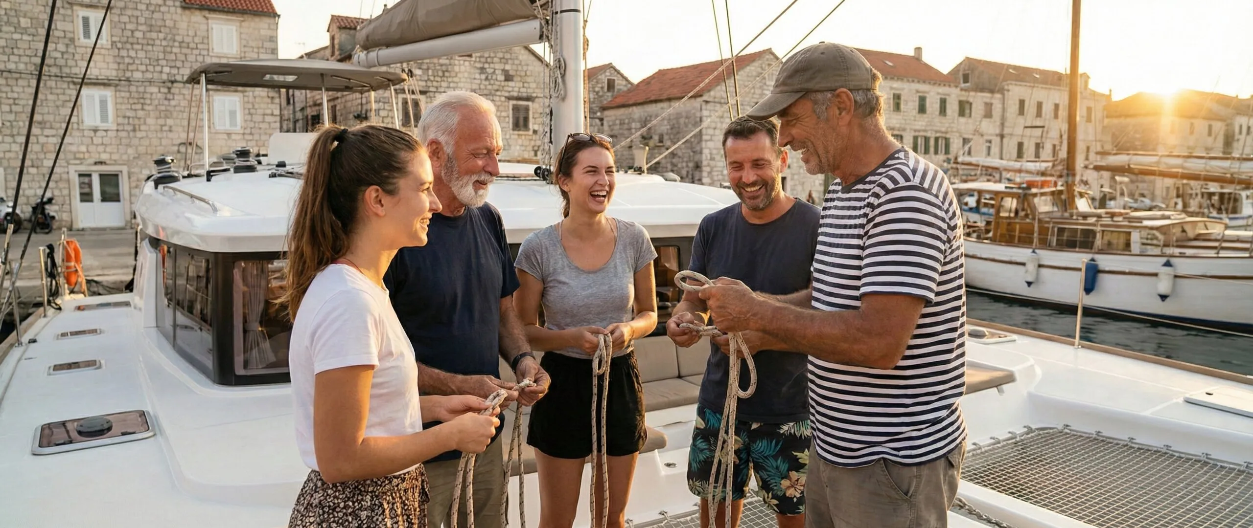 Sailing crew learning together on deck with instructor in Croatia