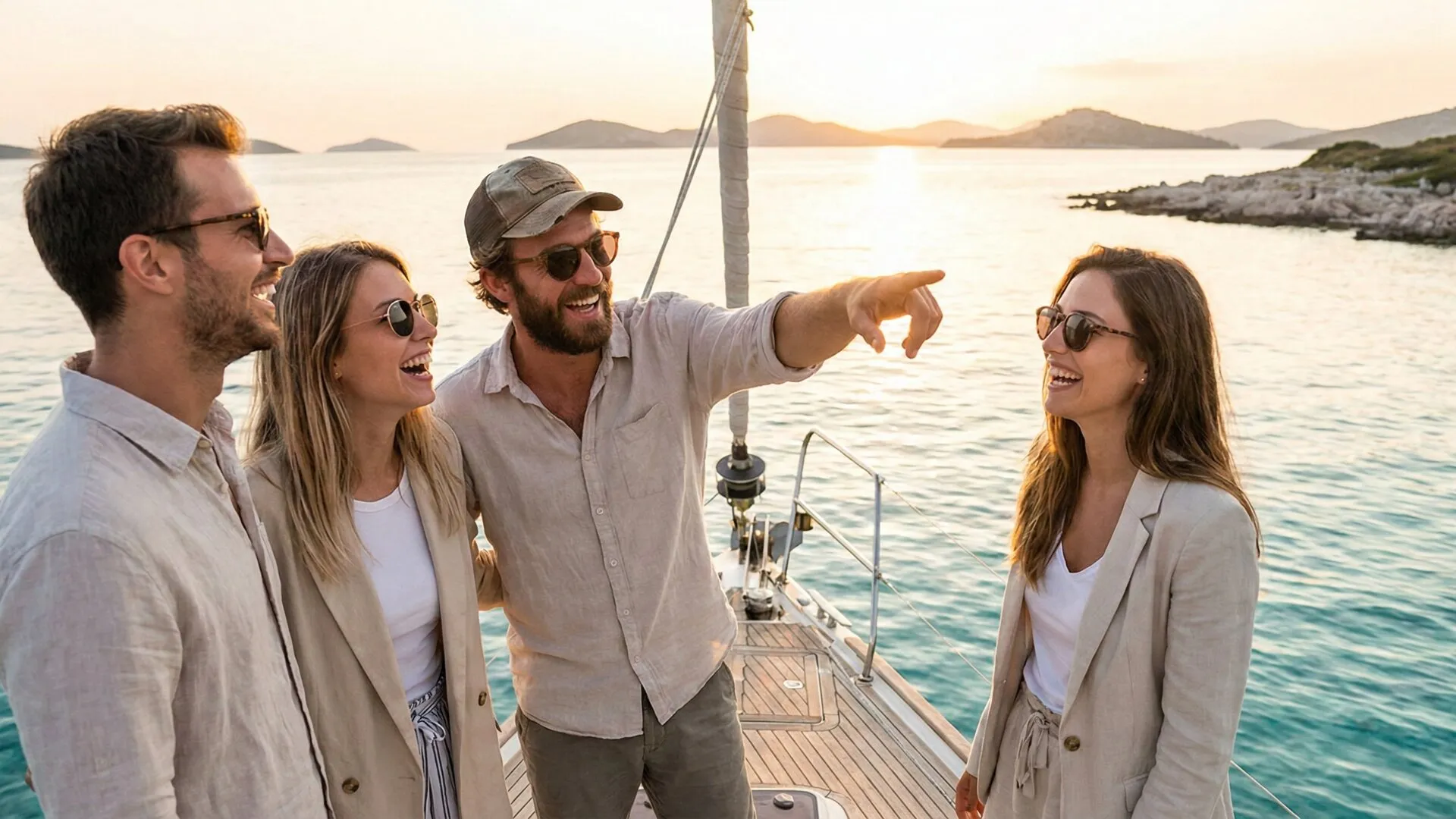 Sailing crew enjoying golden hour on the Adriatic Sea near Croatian islands