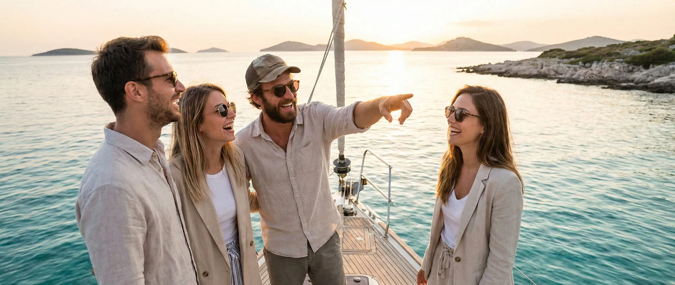 Sailing crew enjoying golden hour on the Adriatic Sea near Croatian islands