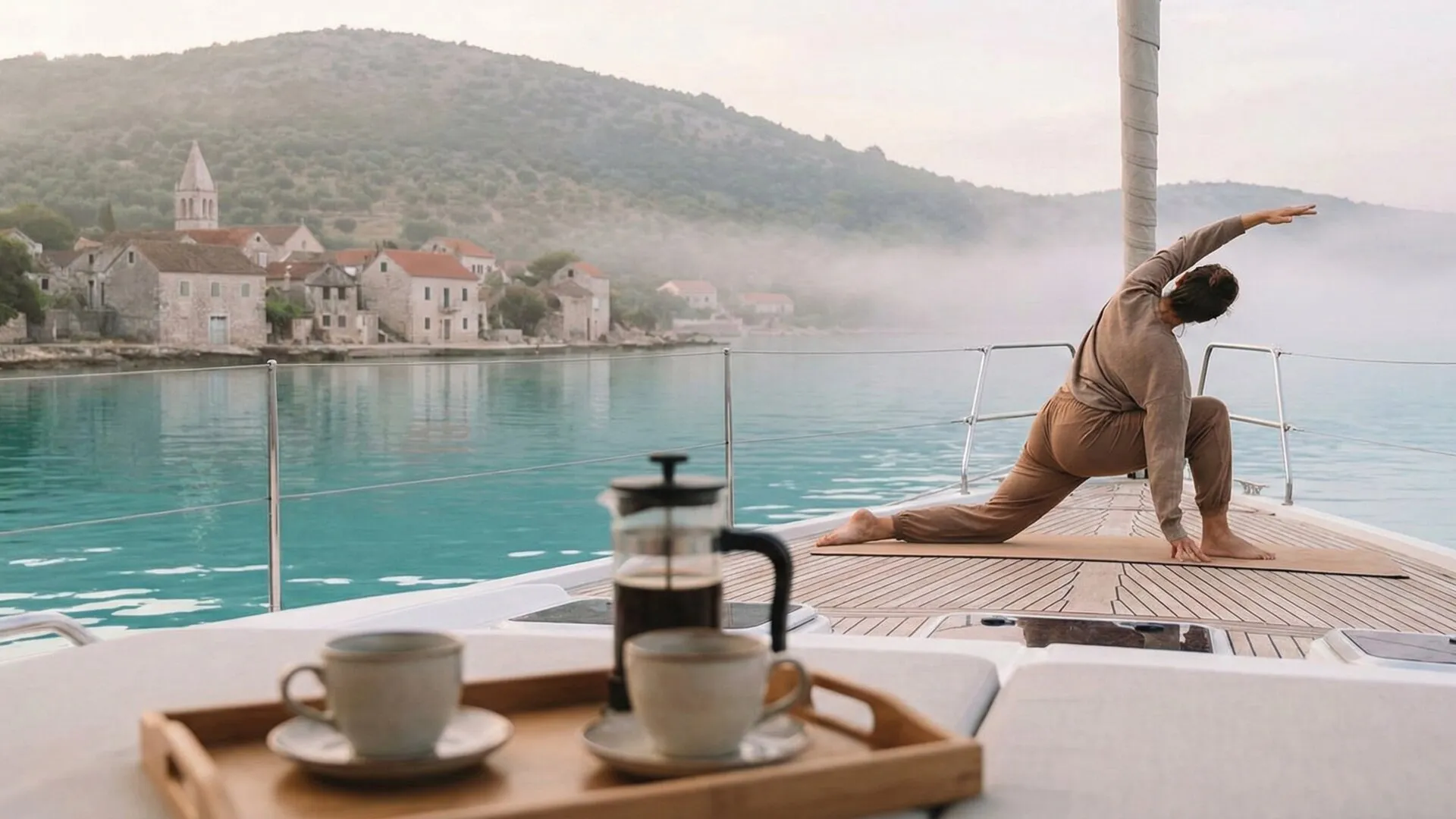 Peaceful morning on a yacht deck with coffee overlooking a Croatian bay