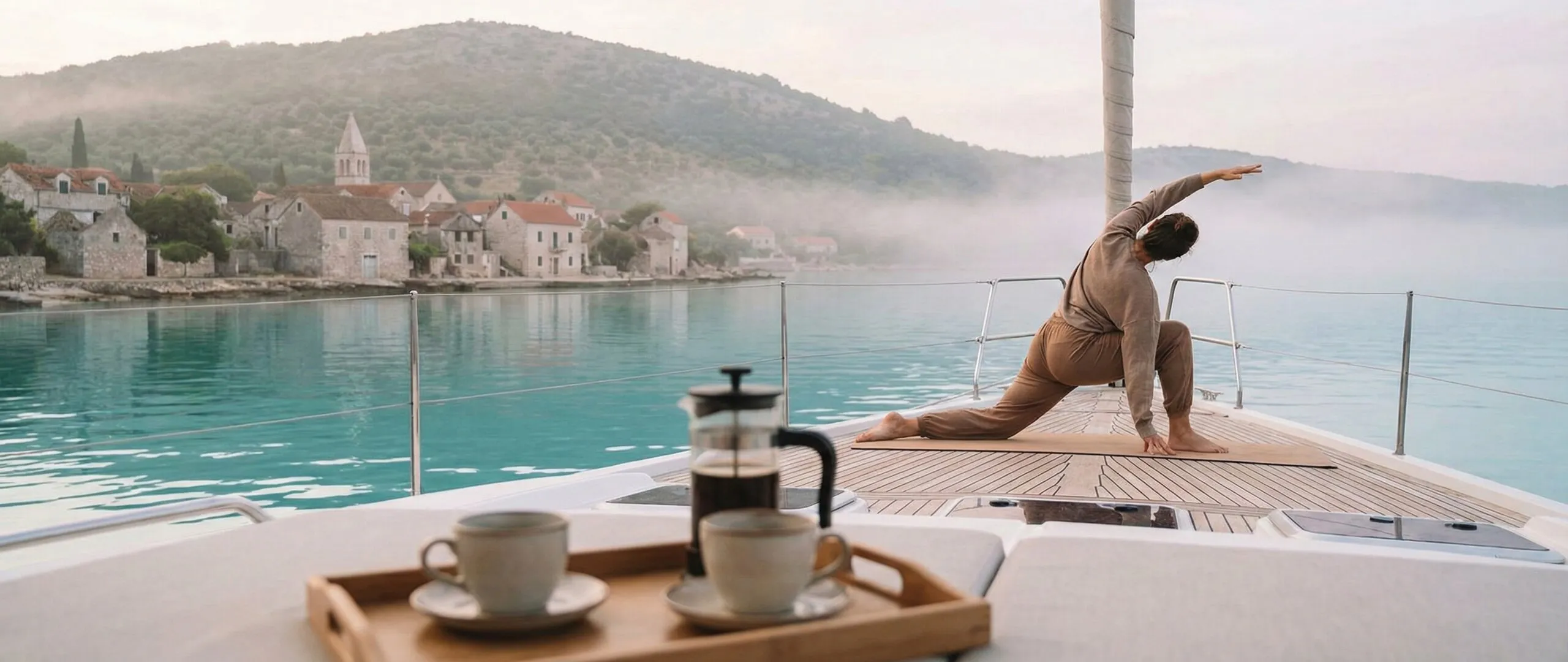 Peaceful morning on a yacht deck with coffee overlooking a Croatian bay