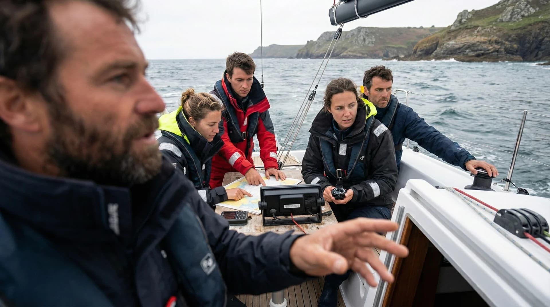 Sailing crew learning navigation together on a yacht in Brittany waters