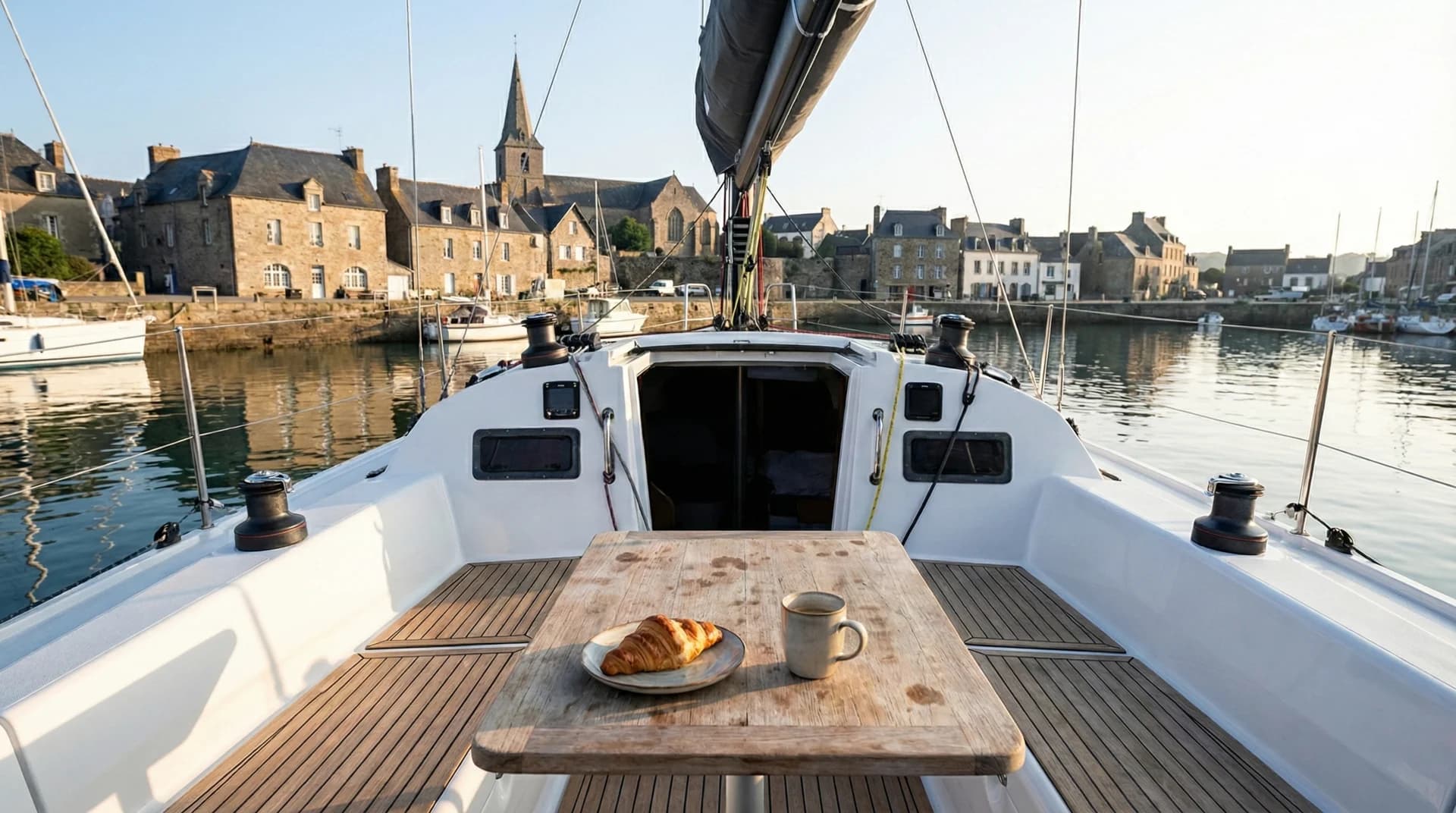 Morning coffee on deck in a Brittany harbor with medieval town backdrop
