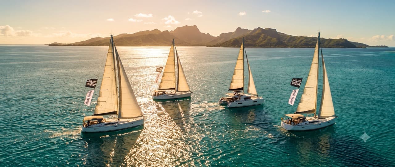 Sailing Virgins fleet under sail at golden hour