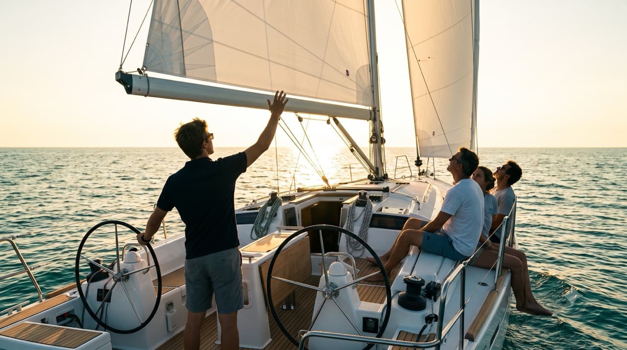 Sailing instructor coaching a crew at golden hour