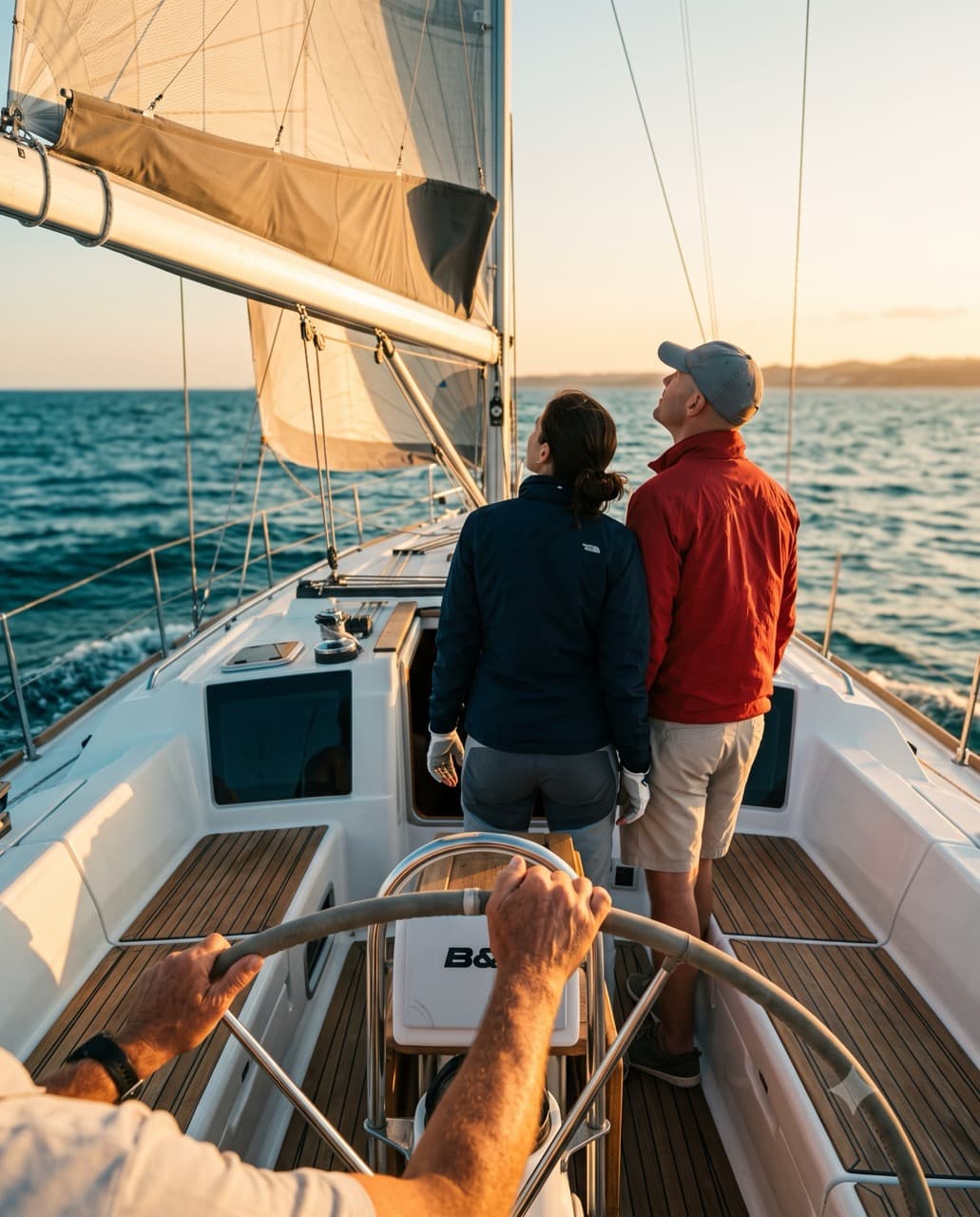 Instructor at the helm with crew watching the sails