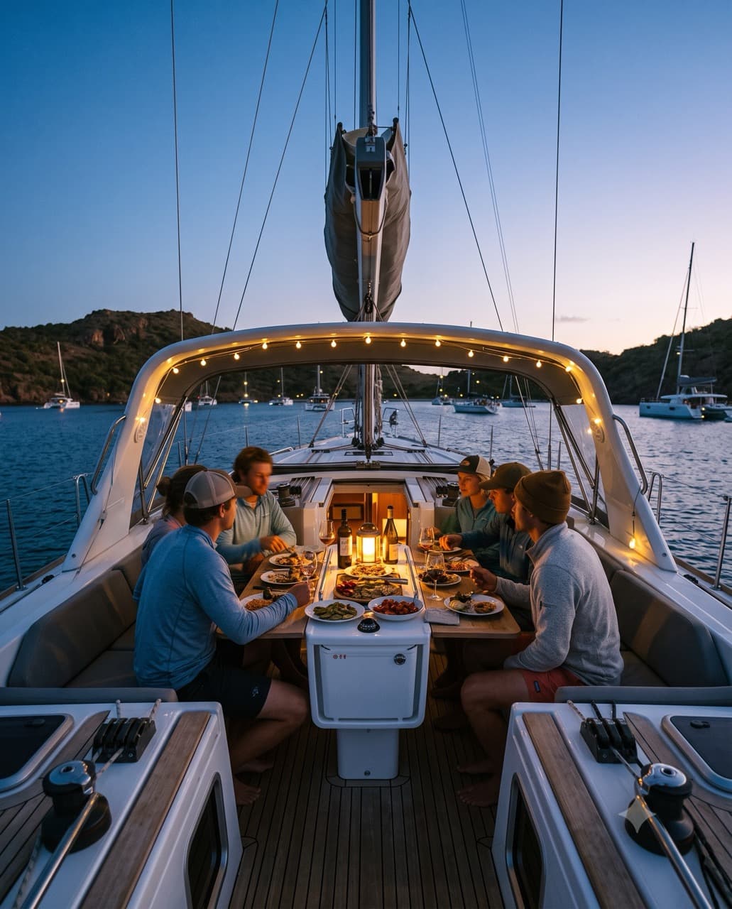 Crew dinner in the cockpit at dusk
