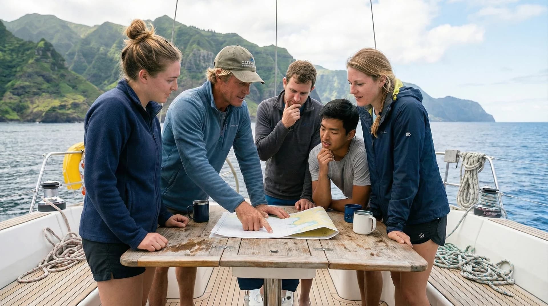 Happy sailing crew learning together on deck in Madeira
