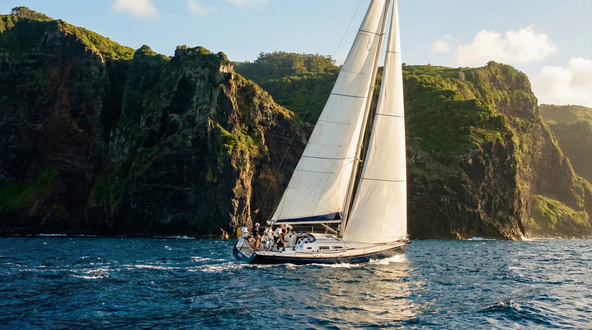 Sailing yacht cruising past Madeira's dramatic volcanic cliffs