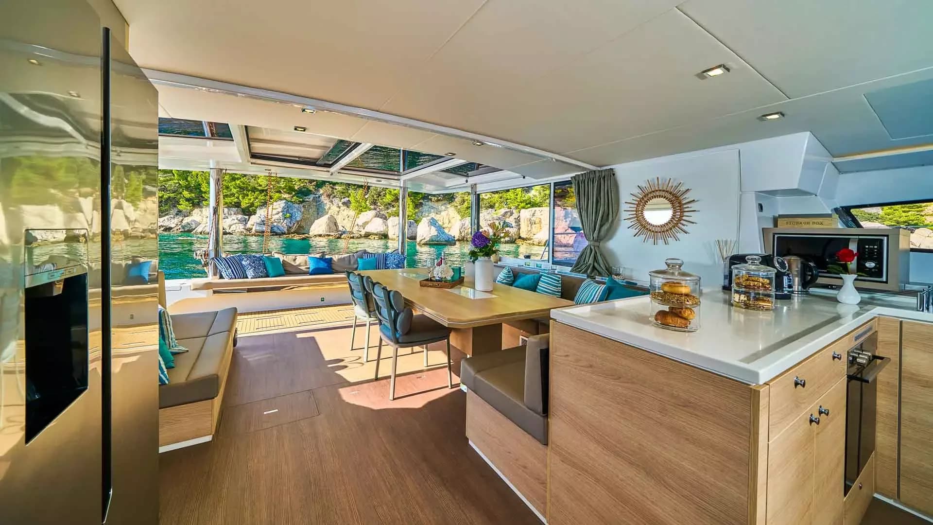 Luxury catamaran interior with panoramic windows