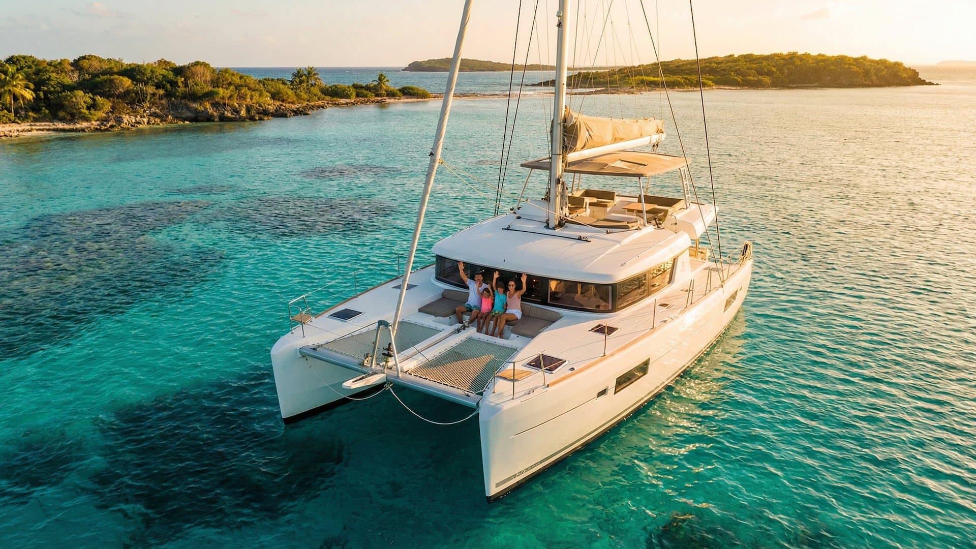 Family sailing catamaran in turquoise Caribbean waters