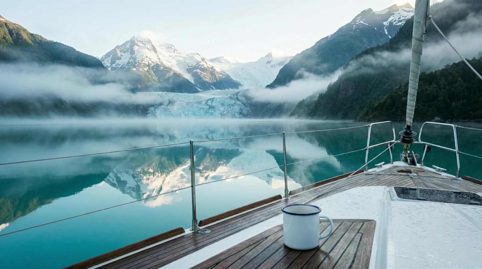 Misty morning on deck with snow-capped Patagonian peaks in background