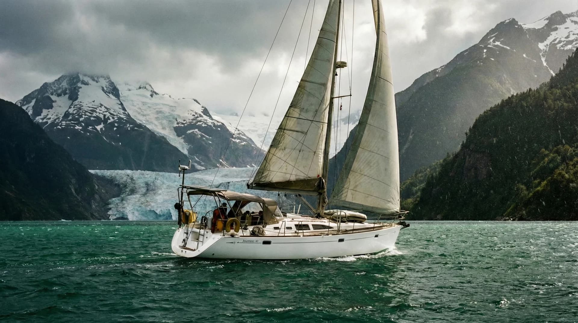 Sailing yacht navigating the channels of Chilean Patagonia with volcanic peaks in background
