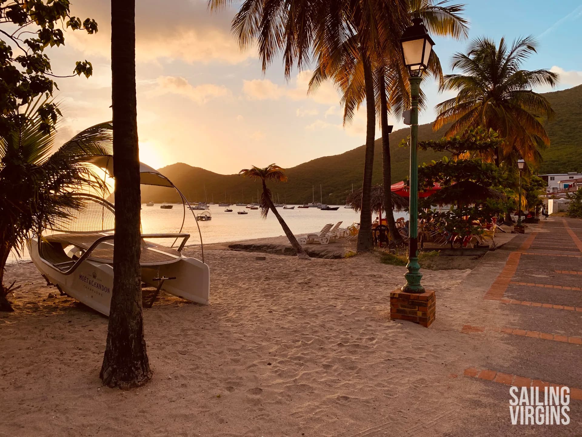 Sunset on a Caribbean beach promenade
