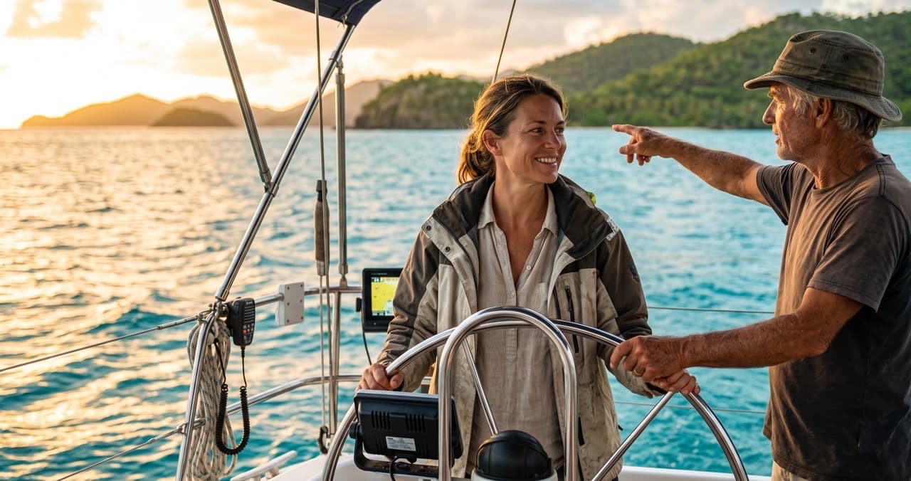 A student at the helm of a yacht in the Caribbean while an instructor points toward the horizon