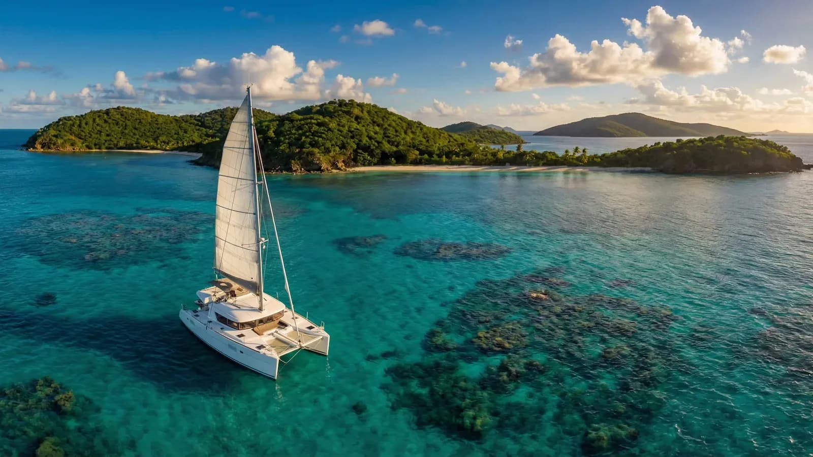 A catamaran sailing over shallow reefs past small green islands