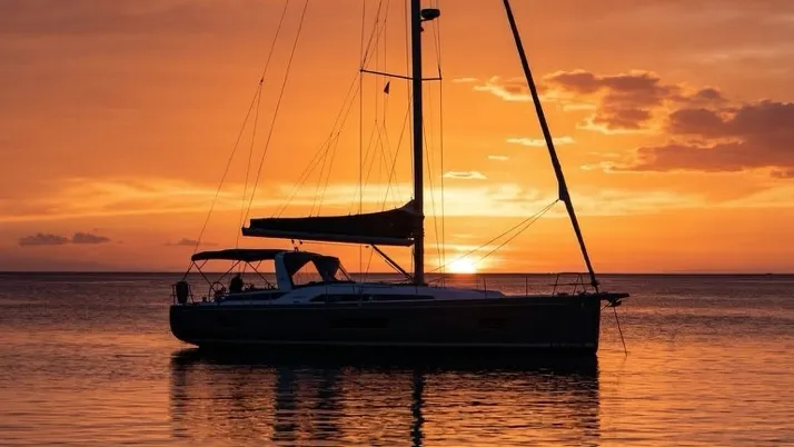 Yacht at sea or sunset offshore
