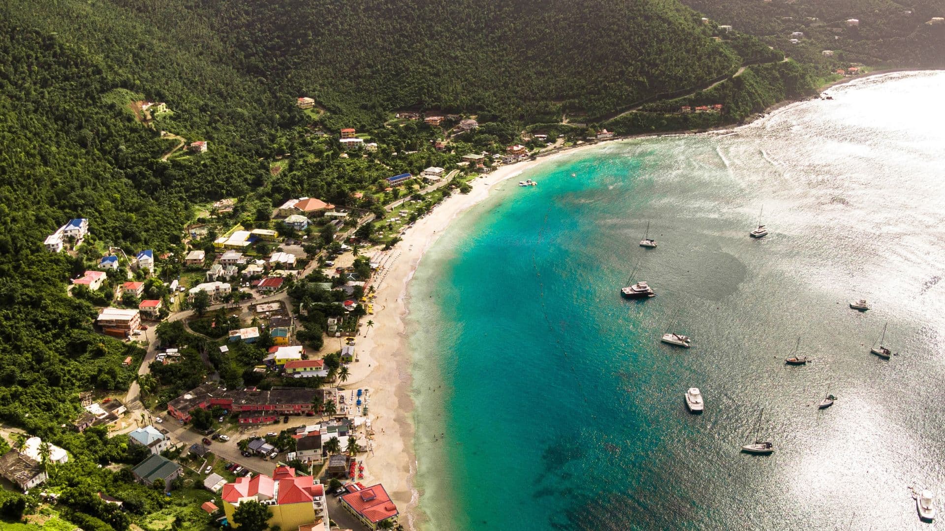Beautiful aerial view of a sailing yacht in the Caribbean